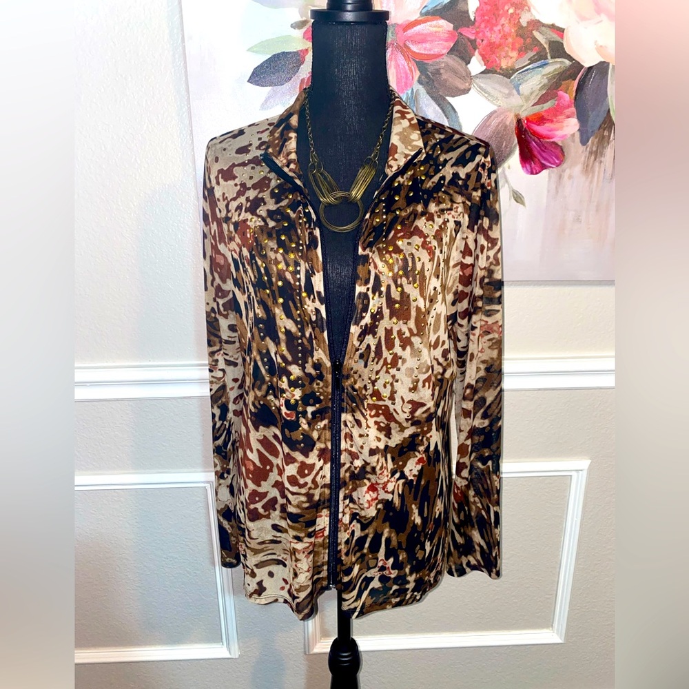 Chico's Animal Print Brown, Cream and Black Sheer Jacket || Chico’s Size 2